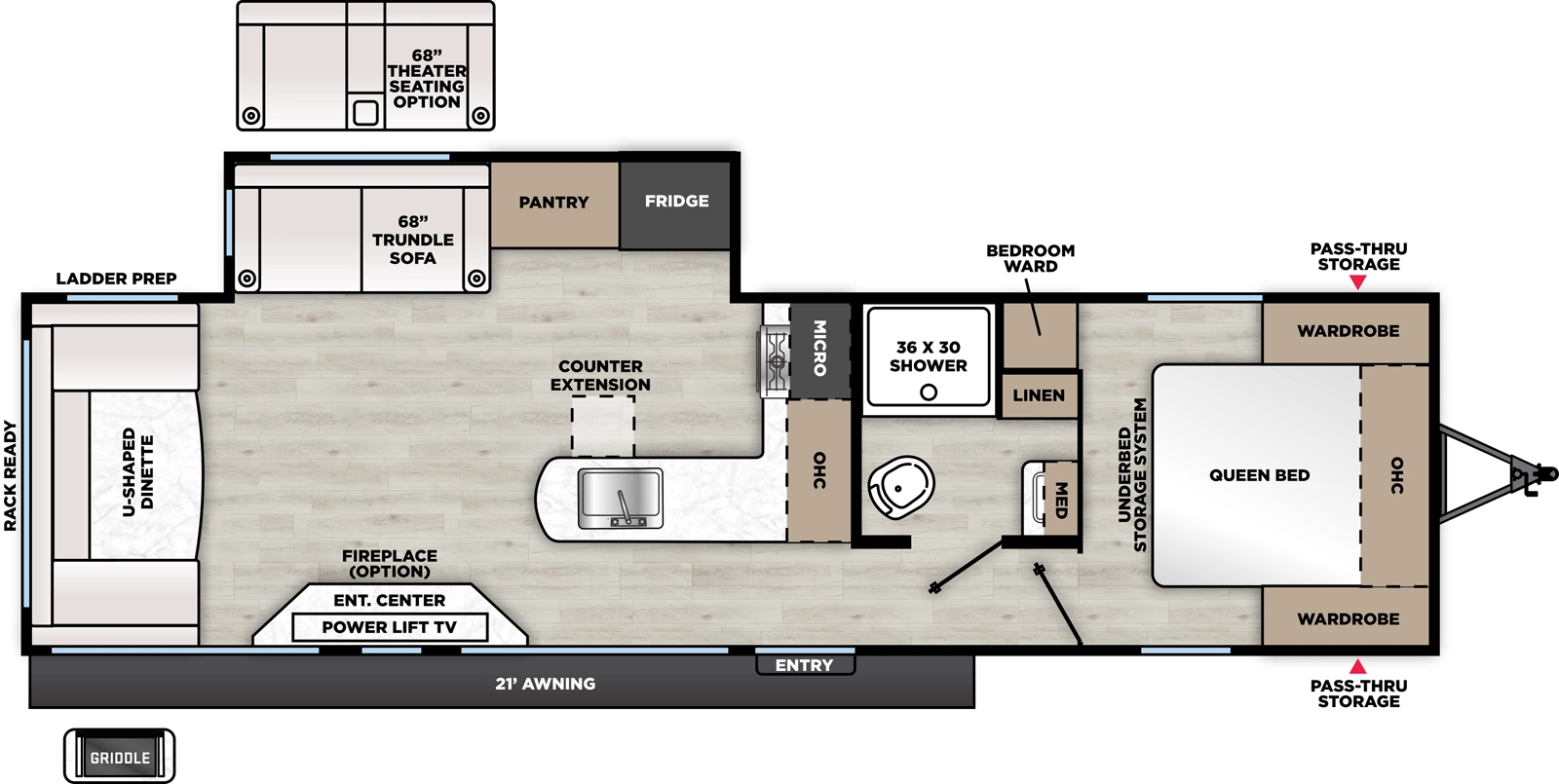 The Catalina Legacy Edition 283RNR floorplan has one entry and one slide out. Exterior features include: metal exterior and 21' awning. Interiors features include: u-dinette and front bedroom.